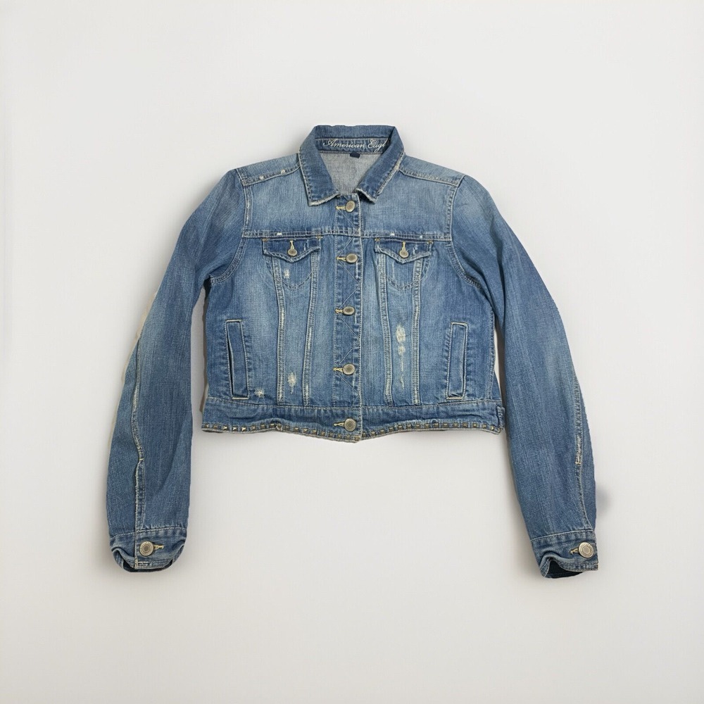 American Eagle Outfitters Denim Jean Jacket Women's L‎ Distressed Stud Trim Crop